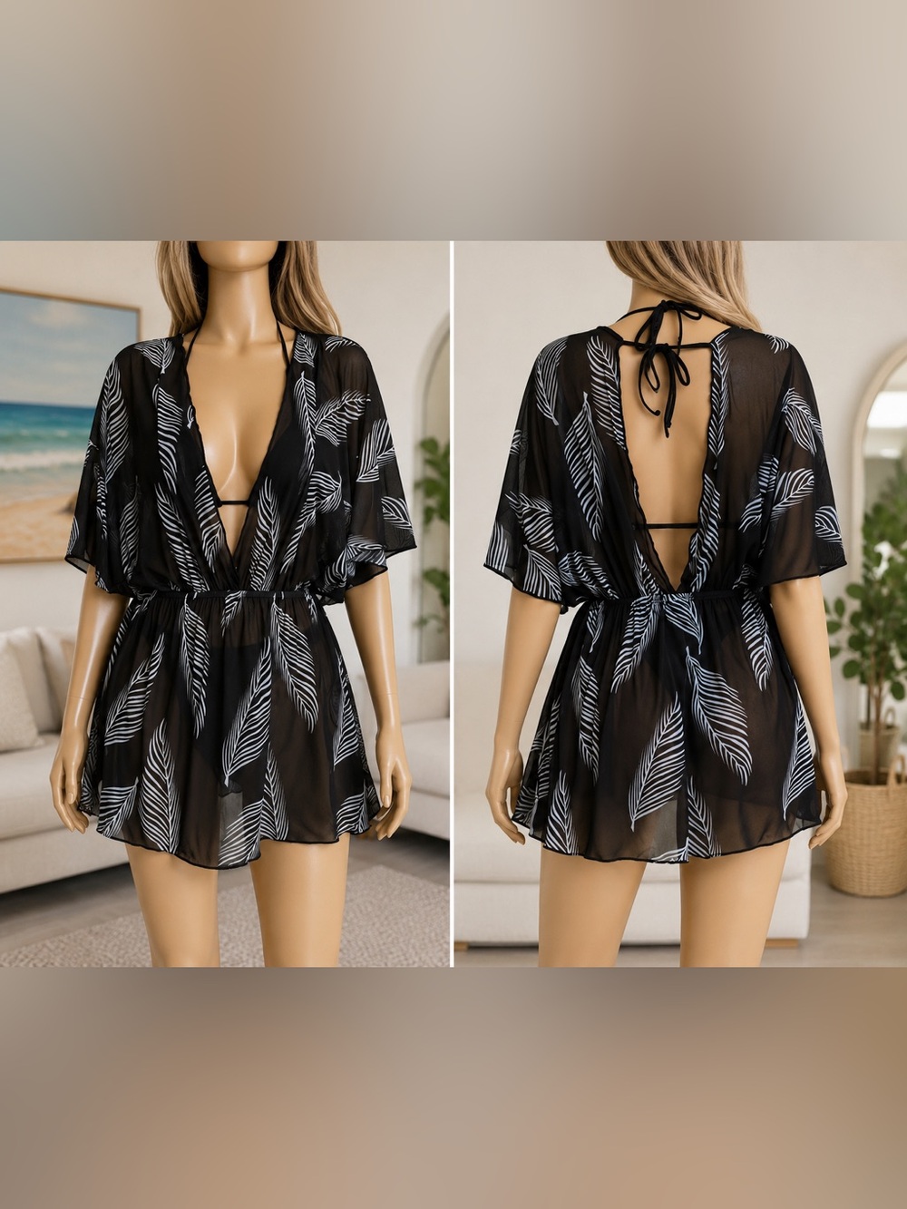 🆕 Black Sheer Leaf-Print Swim Cover-Up Tunic
